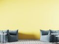 Empty yellow wall in modern interior background with blue fabric armchair. Royalty Free Stock Photo