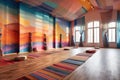 empty yoga studio with colorful tapestries on walls