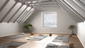 Empty yoga studio interior design, minimal open space with bonsai, mats and accessories, wooden floor and roof, ready for yoga