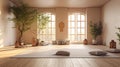 Empty yoga studio interior design, open space with mats, pillows and accessories, parquet, patio house, inner garden with tree and Royalty Free Stock Photo