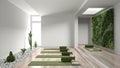 Empty yoga studio interior design, open space with mats, pillows and accessories, parquet, vertical garden and succulent plants Royalty Free Stock Photo