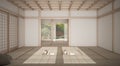 Empty yoga studio interior design, open space with mats, pillows and accessories, tatami, futon, wooden roof, window with zen