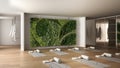 Empty yoga studio interior design, space with mats, hammocks, pillows and accessories, parquet, mirror, vertical garden and big Royalty Free Stock Photo