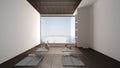 Empty yoga studio interior design, space with mats, pillows and accessories, parquet, wooden roof and big panoramic window with