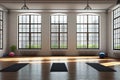 Empty Yoga Studio Room Interior with Tall Windows with Mats on Hard Wood Floors - Generative AI