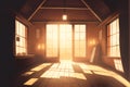 empty yoga studio at sunset, with warm, golden light streaming in through the windows (AIgen) Royalty Free Stock Photo