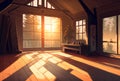 empty yoga studio at sunset, with warm, golden light streaming in through the windows (AIgen) Royalty Free Stock Photo