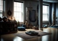 empty yoga studio with a variety of prop arranged around the space (AIgen)