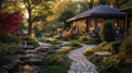 Empty Zen Backyard Japanese Style Blurry Background