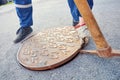 Emptying septic tank, cleaning the sewers. Royalty Free Stock Photo