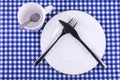 Empy Mug with spoon, plate with a knife and fork Royalty Free Stock Photo