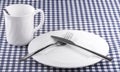 Empy Mug with spoon, plate with a knife and fork on the tablecloth in a cage. View from above with copy space