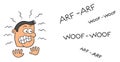 Cartoon man very afraid of dog barking, vector illustration Royalty Free Stock Photo