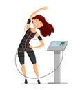 Ems training. Girl doing fitness exercise in the gym. Cartoon vector illustration