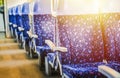 Emtpy interior of the train for long and short distance in Europe. A modern train seats or chairs.