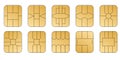 EMV chip golden vector icons. Set line nfc symbol. Contactless payment at terminals and ATMs. Square computer microchips