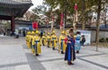 Enacting traditional change of Royal Guards routine at Deoksugung Palace Royalty Free Stock Photo