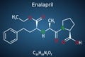 Enalapril, molecule. It is ACE inhibitor medication to treat high blood pressure, heart failure. Structural chemical formula on