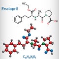 Enalapril, molecule. It is ACE inhibitor medication to treat high blood pressure, heart failure. Structural chemical formula and