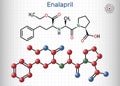 Enalapril, molecule. It is ACE inhibitor medication to treat high blood pressure, heart failure. Structural chemical formula and
