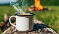 Enamel cup of hot steaming coffee on old log by an outdoor campfire. Tasty drink Royalty Free Stock Photo