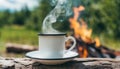 Enamel cup of hot steaming coffee on old log by an outdoor campfire. Tasty drink Royalty Free Stock Photo