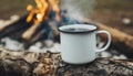 Enamel cup of hot steaming coffee on old log by an outdoor campfire. Tasty drink Royalty Free Stock Photo