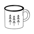 Enamel metal white and black mug with trees isolated on white background. Camping cup doodle.