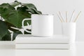 Enamel mug mockup with workspace accessories and a monstera plant