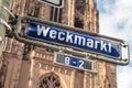 Enamel street sign Weckmarkt - engl: market of bakerman - in Frankfurt Royalty Free Stock Photo