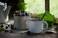 Enameled cup of healthy tea with black currant berries, mug of black currants, tea kettle on table Royalty Free Stock Photo