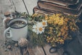 Enameled mug of healthy tea, bunches of medicinal herbs and stack of old books. Royalty Free Stock Photo