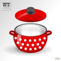 Enameled white saucepan with lid. Realistic vector on transparent background, 3d illustration