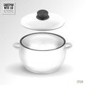 Enameled white saucepan with lid. Realistic vector on transparent background, 3d illustration