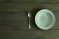 Enamelled plate and spoon on the side of the wooden table