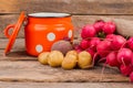 Enamelware saucepan and many vegetables.