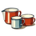 Enamelware vintage illustration, retro style, simple flat shapes and colours.