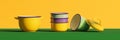 Mockup enamelware on yellow, purple and green background. Ad posters. Minimalistic color enamel objects.