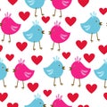 Enamored birds seamless pattern, pink and blue birds and bright red hearts on a white background