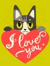 Enamored Cat With Heart And Text I Love You. Hand drawn Inspirational And Encouraging Quote.