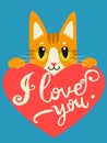 Enamored Cat With Heart And Text I Love You. Handdrawn Inspirational And Encouraging Quote.