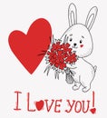 Enamored Cute rabbit with bouquet of flowers, big heart and text - I love you. Vector illustration in style of hand