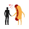 Enamored in hot dog man. Man and fast food. Lovers holding hands