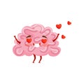 Enamored humanized brain with happy face, red hearts flying in the air. Cartoon character. Flat vector for print or