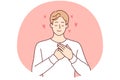 Enamored man puts hands on chest and closes eyes remembering girlfriend. Vector image