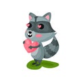 Enamored raccoon holding pink heart in paws. Funny forest animal. Flat vector design for greeting card or sticker