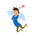 Enamored young man with hearts isolated on white. Guy flying on wings of love. Emotional condition. Funny amorous character.