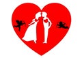 Enamored, silhouette, and cupids shots them into hearts illustration