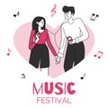 Enamoured couple in heart shape border vector illustration. Music festival, concert, event. Young people holding hands Royalty Free Stock Photo