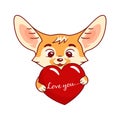 Enamoured fennec fox holds big cartoon heart